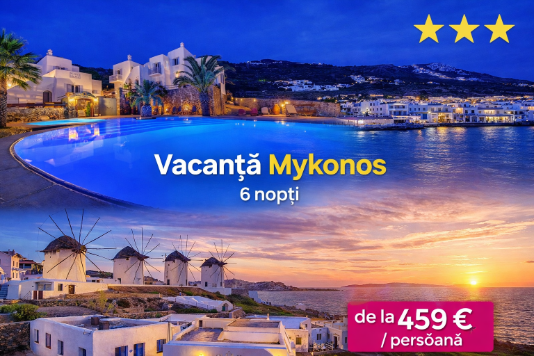 Vacanță Mykonos vara 2026, 459 euro/pers (zbor+cazare 6 nopți)