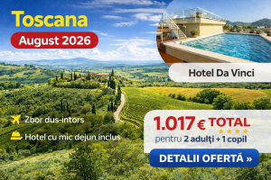 Read more about the article Toscana, 6 nopți în august 2026: 1.017 € total pentru 2 adulți și un copil (zbor + hotel cu mic dejun)