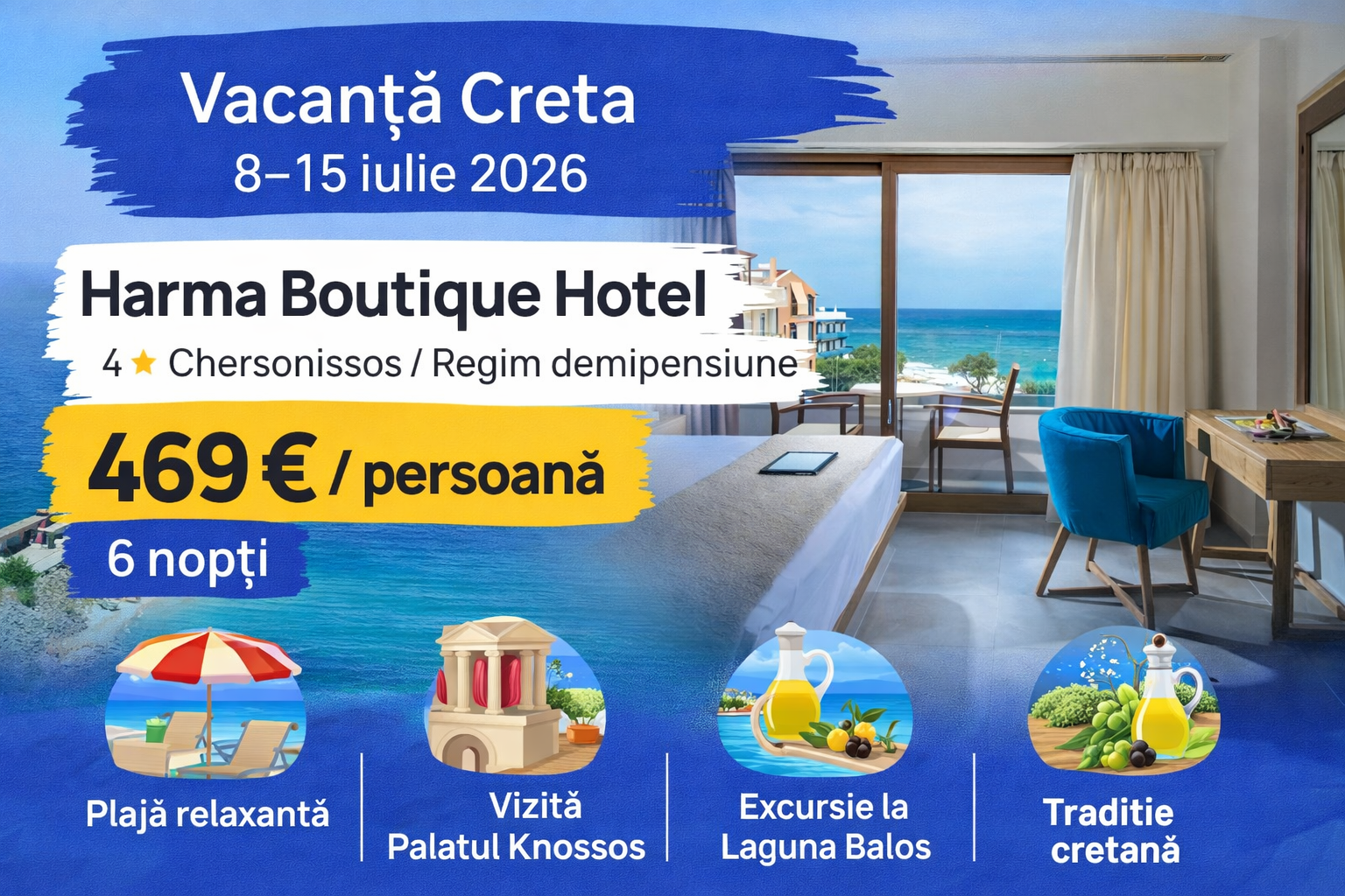 You are currently viewing Creta 469 € / persoană – 6 nopți la Harma Boutique Hotel, demipensiune (iulie 2026 & zbor inclus)