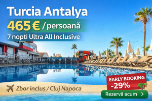 Read more about the article Turcia 2026: 465 € / persoană – 7 nopți Ultra All Inclusive în Antalya (Early Booking -29%)