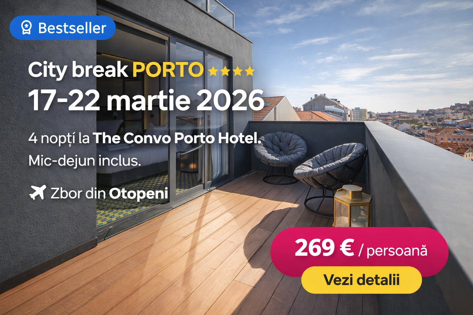 Read more about the article City break în&nbsp;Porto: 4 nopți la The Convo Porto Hotel & Apartments – 269 € / pers