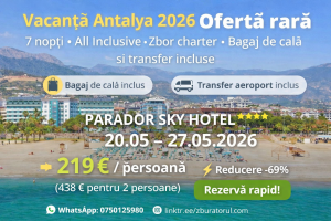 Read more about the article Vacanță Antalya 2026: 7 nopți All Inclusive la Parador Sky Hotel – 219 euro/pers (zbor+transfer+cazare)