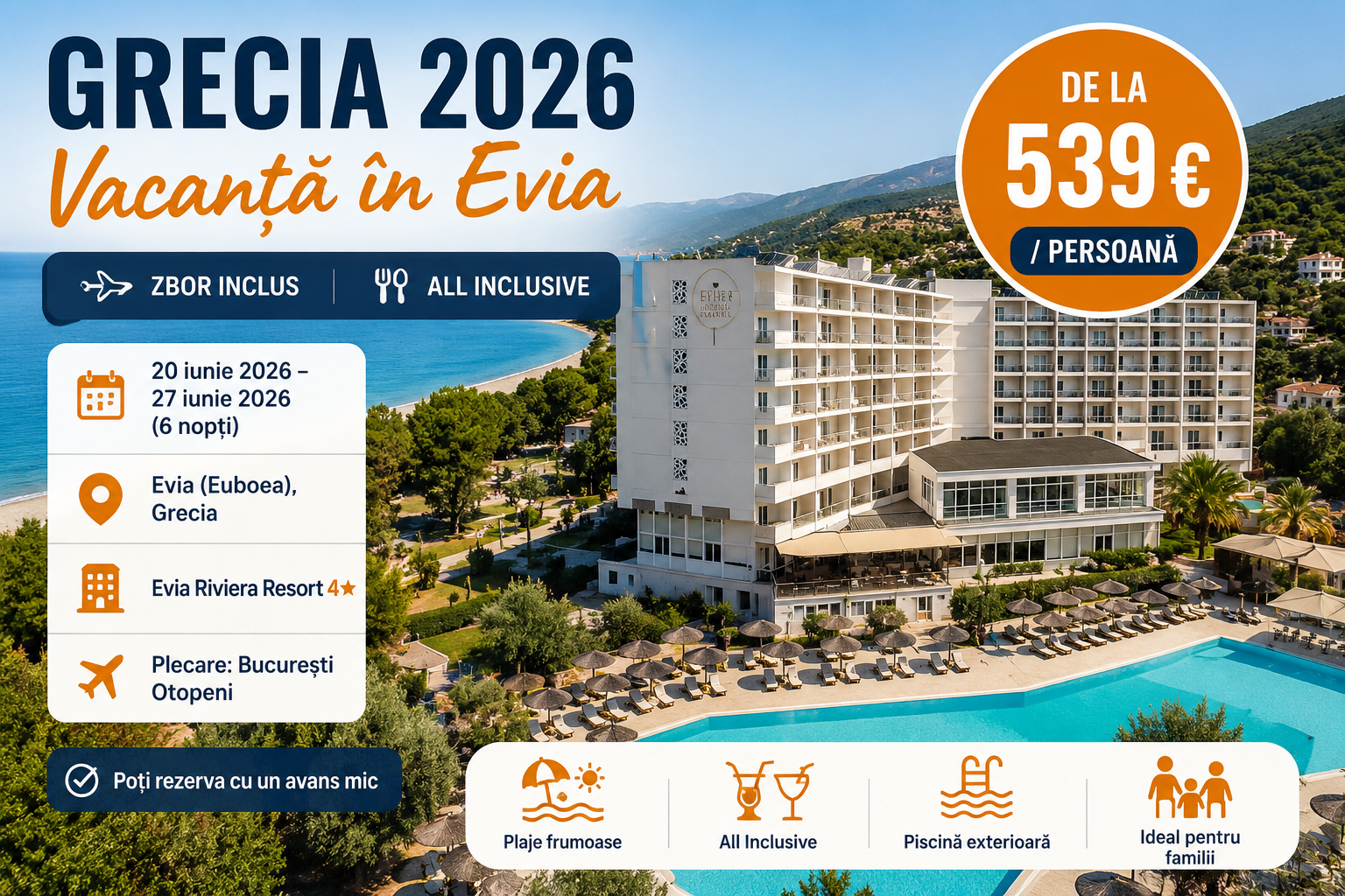 Read more about the article Grecia 2026: 6 nopți în Evia la 539 € / persoană cu All Inclusive și zbor inclus