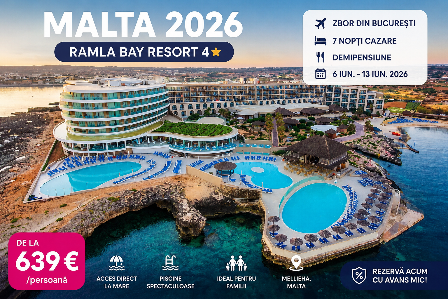 Read more about the article Malta 2026: 7 nopți la Ramla Bay Resort 4★ cu zbor și demipensiune inclusă la 639 € / pers