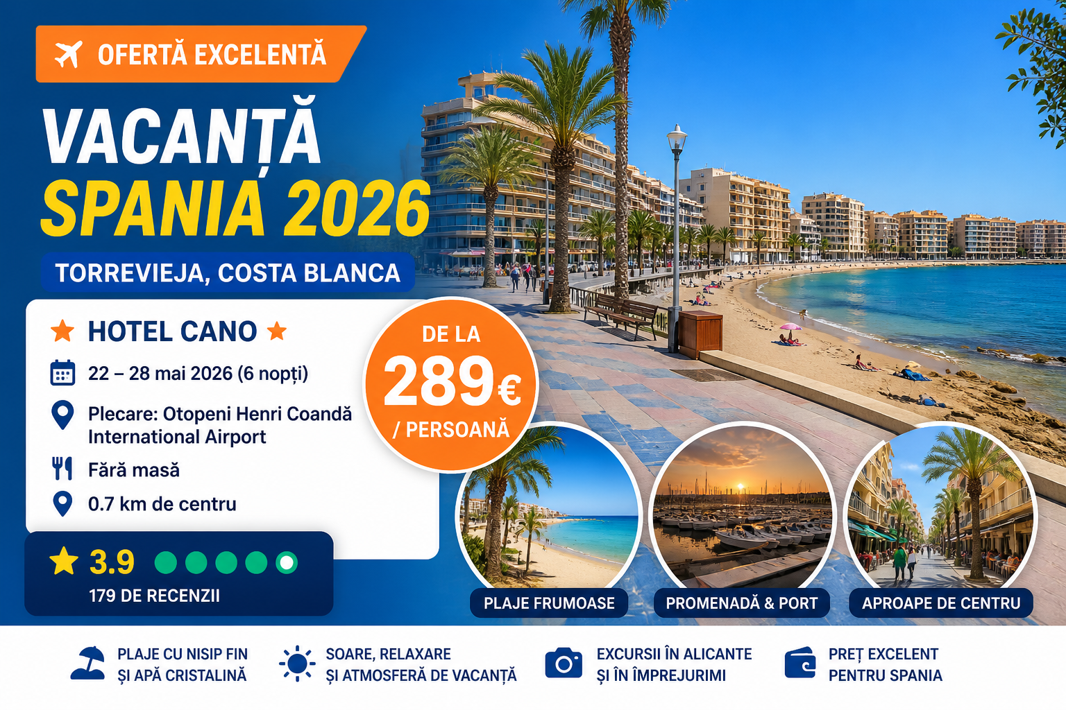 Read more about the article Vacanță Spania 2026 – Hotel Cano ⭐ 289 € / pers, 6 nopți în Torrevieja + zbor