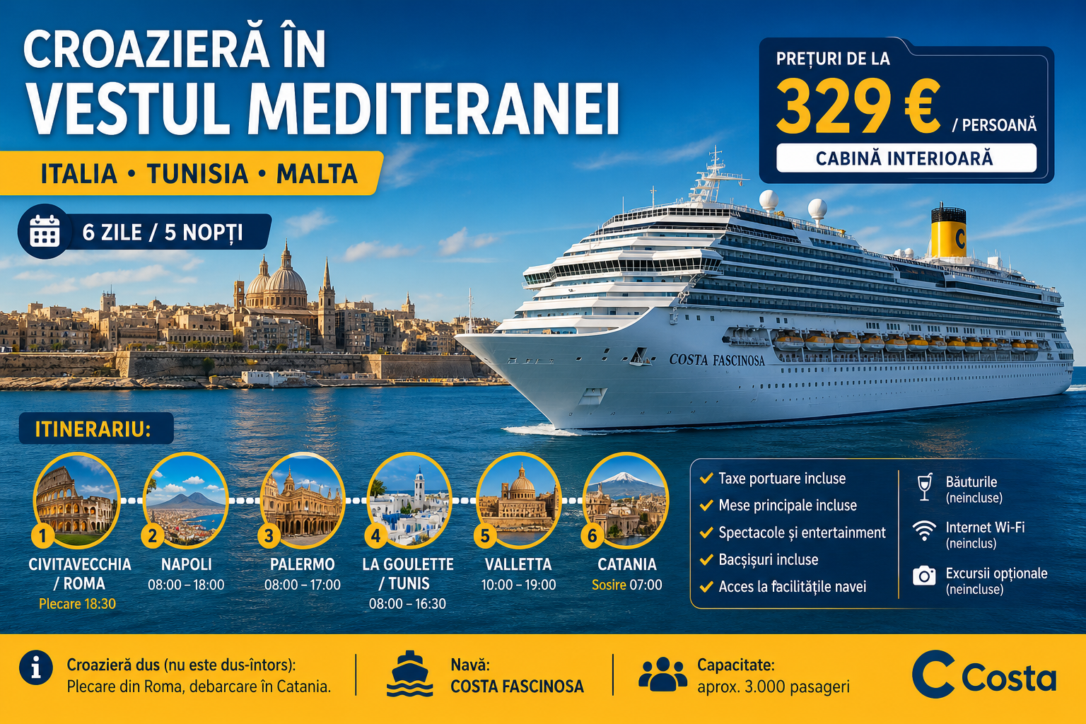 You are currently viewing Croazieră în vestul Mediteranei cu Costa Fascinosa: Italia, Tunisia și Malta în 6 zile la 329 € / persoană