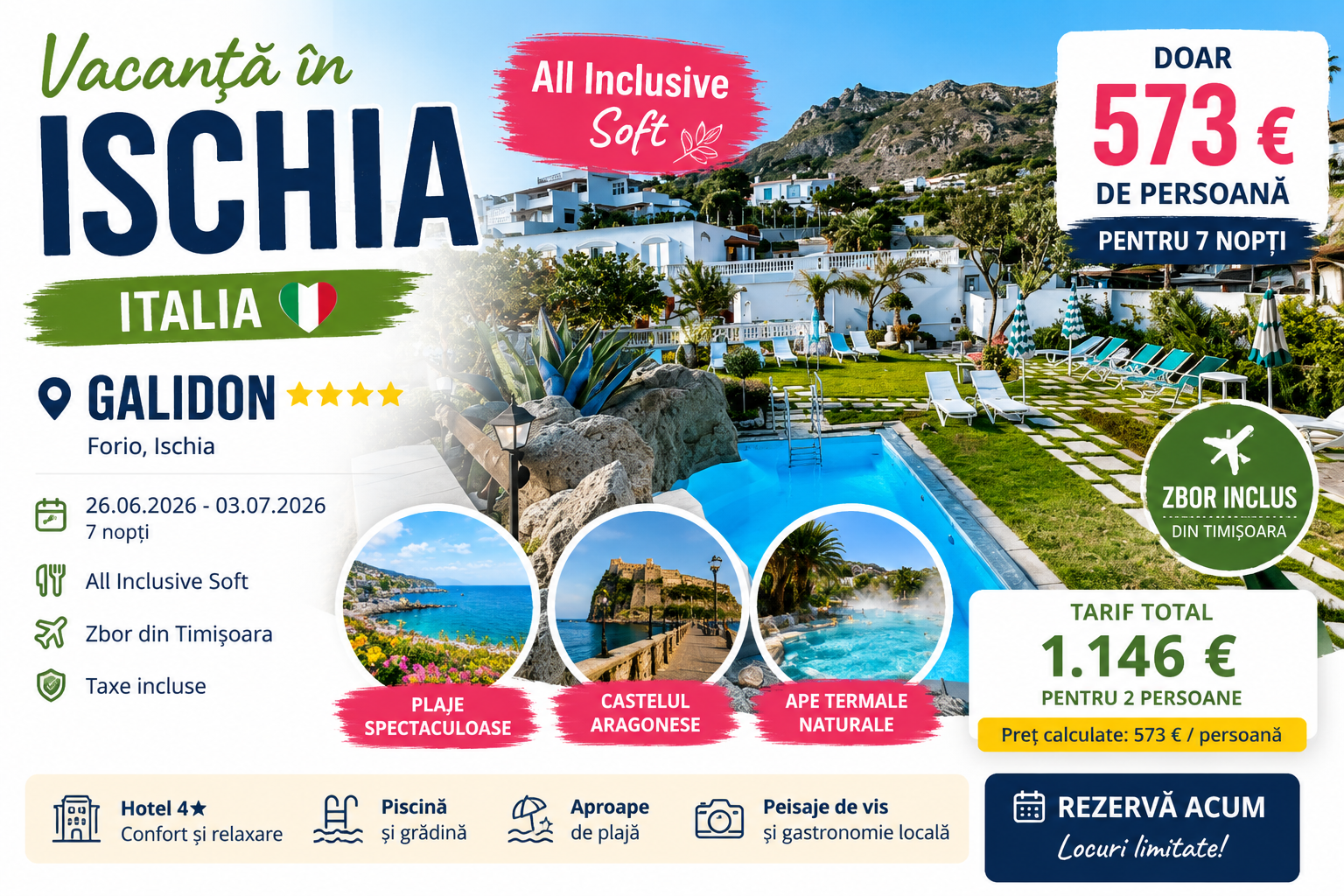 You are currently viewing Vacanță în Ischia la Galidon 4★ – 573 € de persoană cu All Inclusive Soft și zbor inclus