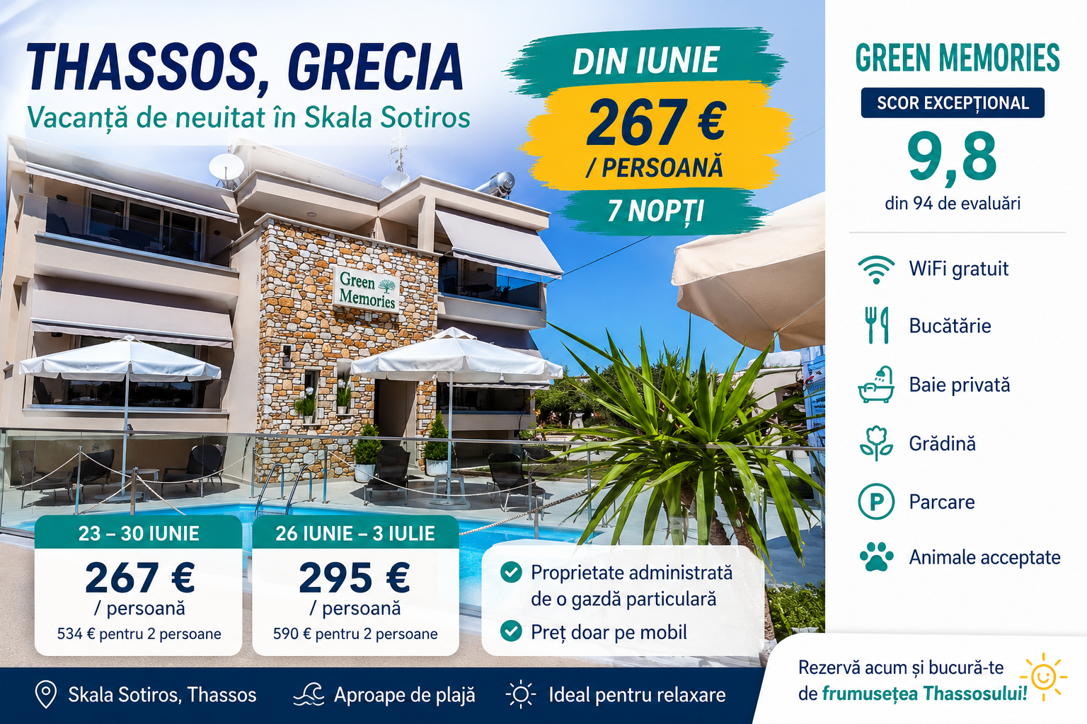 You are currently viewing Thassos în iunie: 267 € / persoană pentru 7 nopți la Green Memories, una dintre cele mai apreciate cazări din Skala Sotiros
