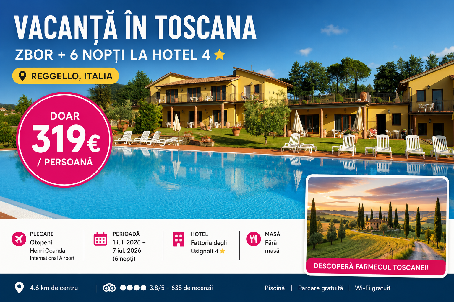You are currently viewing Vacanță în Toscana la doar&nbsp;319 € / pers – 6 nopți cu zbor inclus la Hotel Fattoria degli Usignoli 4★