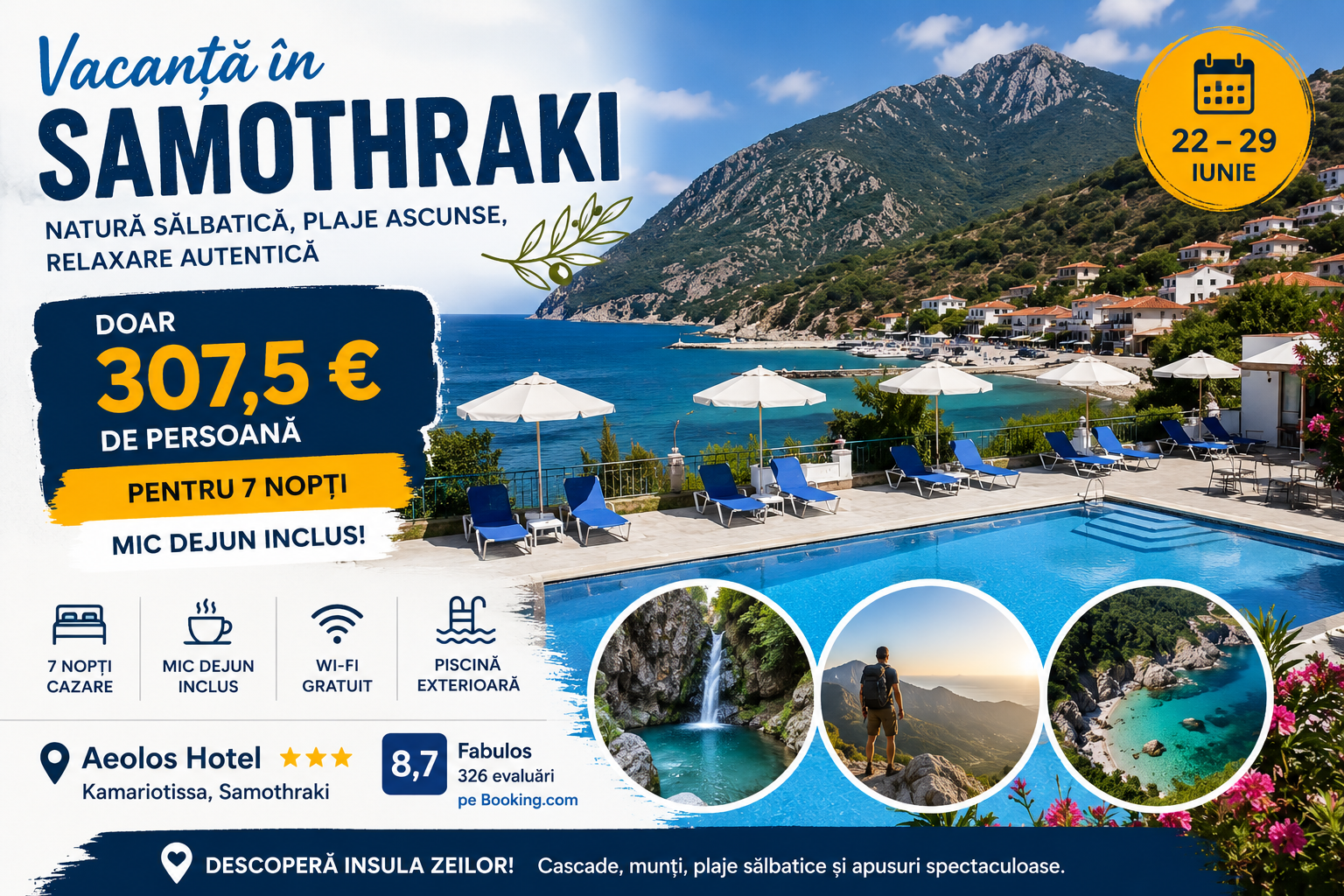 You are currently viewing Vacanță în Samothraki la Aeolos Hotel – 307€ de persoană pentru 7 nopți cu mic dejun inclus