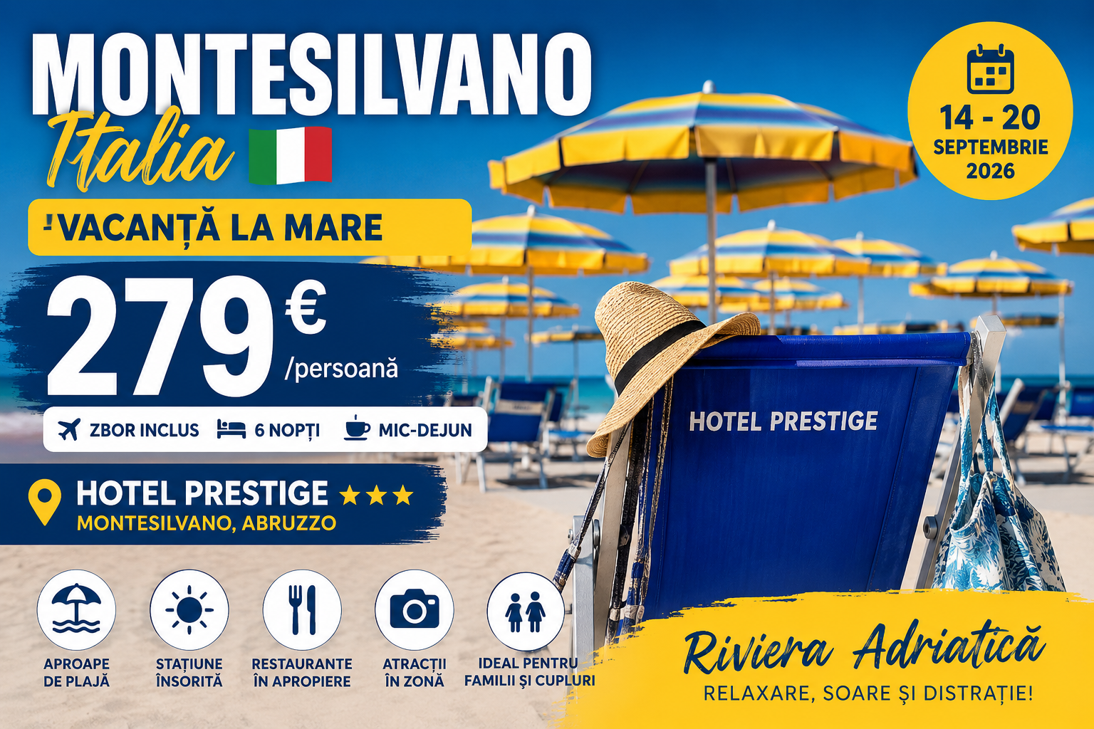 Read more about the article Hotel Prestige 3★ Montesilvano – 279 € / persoană | 6 nopți cu zbor inclus pe Riviera Adriatică