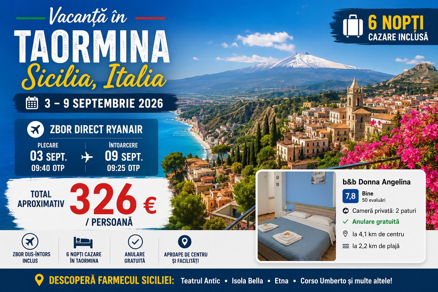 Read more about the article Vacanță în Taormina, Sicilia – 326 € / pers: zbor direct + 6 nopți de cazare