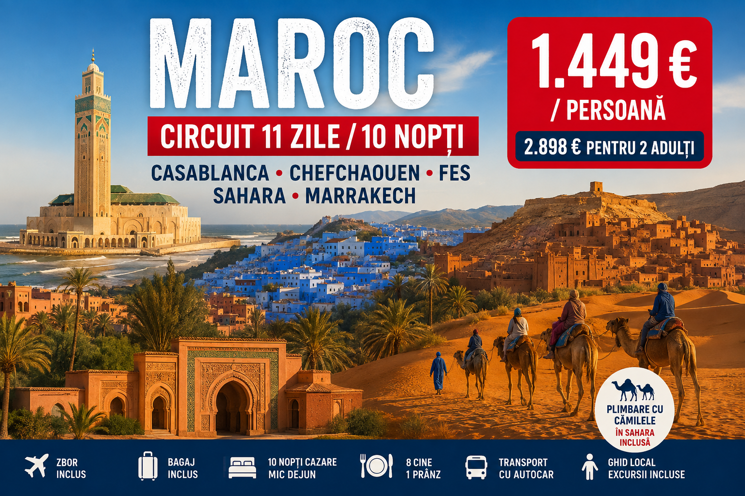 You are currently viewing Circuit în Maroc 1.449 € / persoană: Casablanca, Chefchaouen, Fes, Sahara și Marrakech