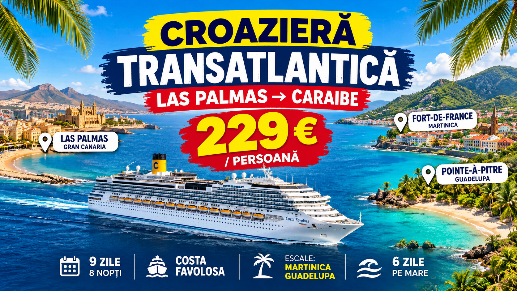 You are currently viewing Croazieră transatlantică din Canare in în Caraibe: 9 zile cu Costa Favolosa la 229 € / pers (toate mesele incluse)